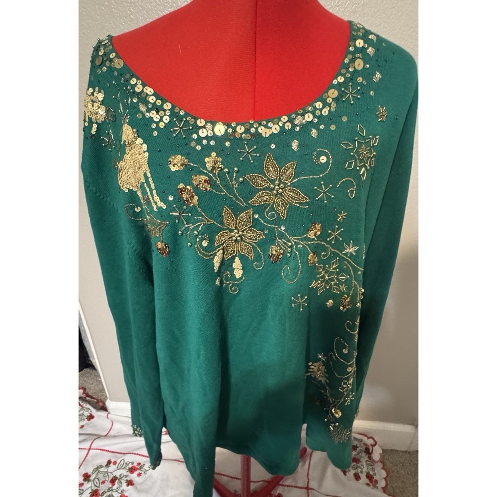 Berek‎ 2XL Green Sequin Beaded Christmas Sweater Reindeer Floral Embellished Top